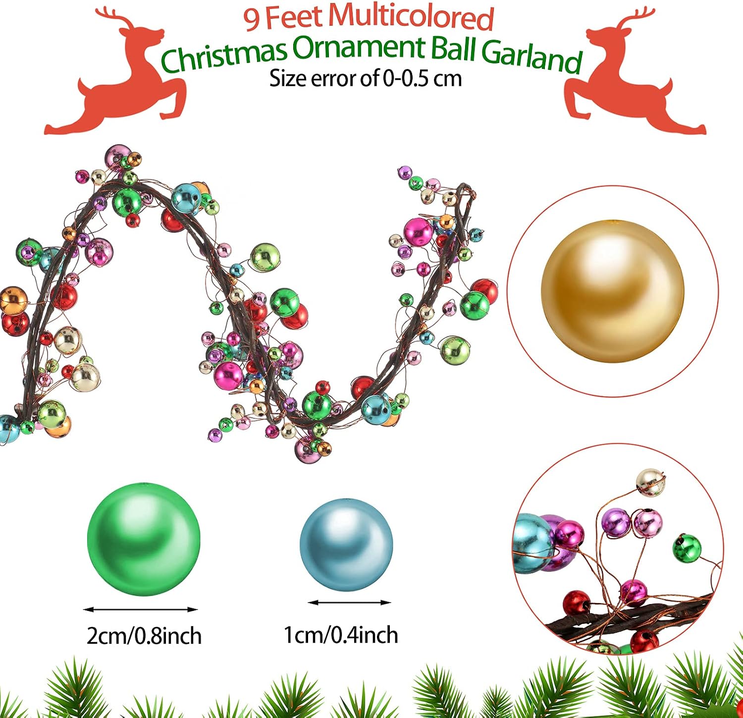 WILLBOND 9 ft Multicolor Christmas Ball Garland, Hanging Bauble Ornaments | For tree trimming, Lightweight plastic