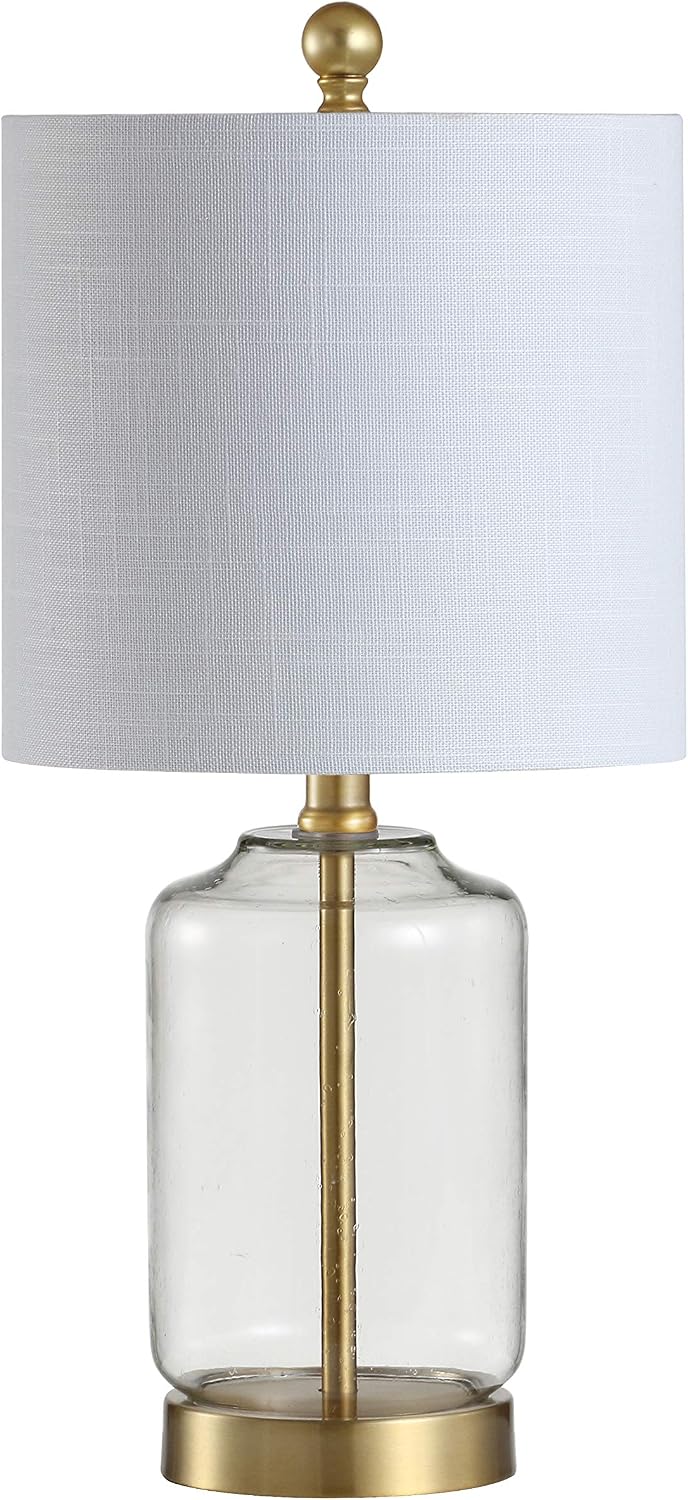 JONATHAN Y Duncan Table Lamp 19.5" Glass and Metal, Brass Gold and Clear | White Linen Drum Shade, Glam Transitional