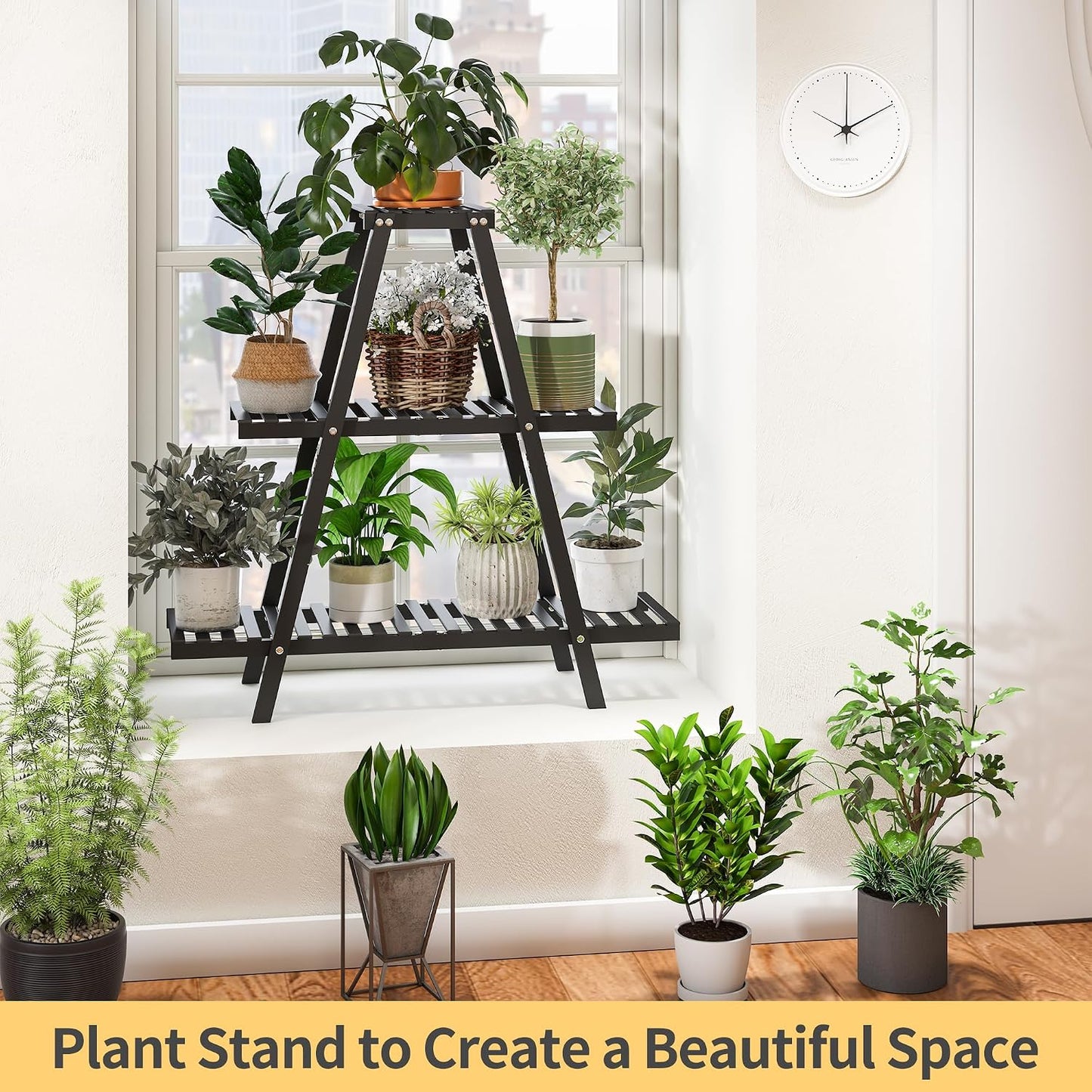 Bamboo Plant Stand Indoor/Outdoor, 3-Tier, Black, Rectangular, 8 Potted Flower Holder Ladder Plant Rack
