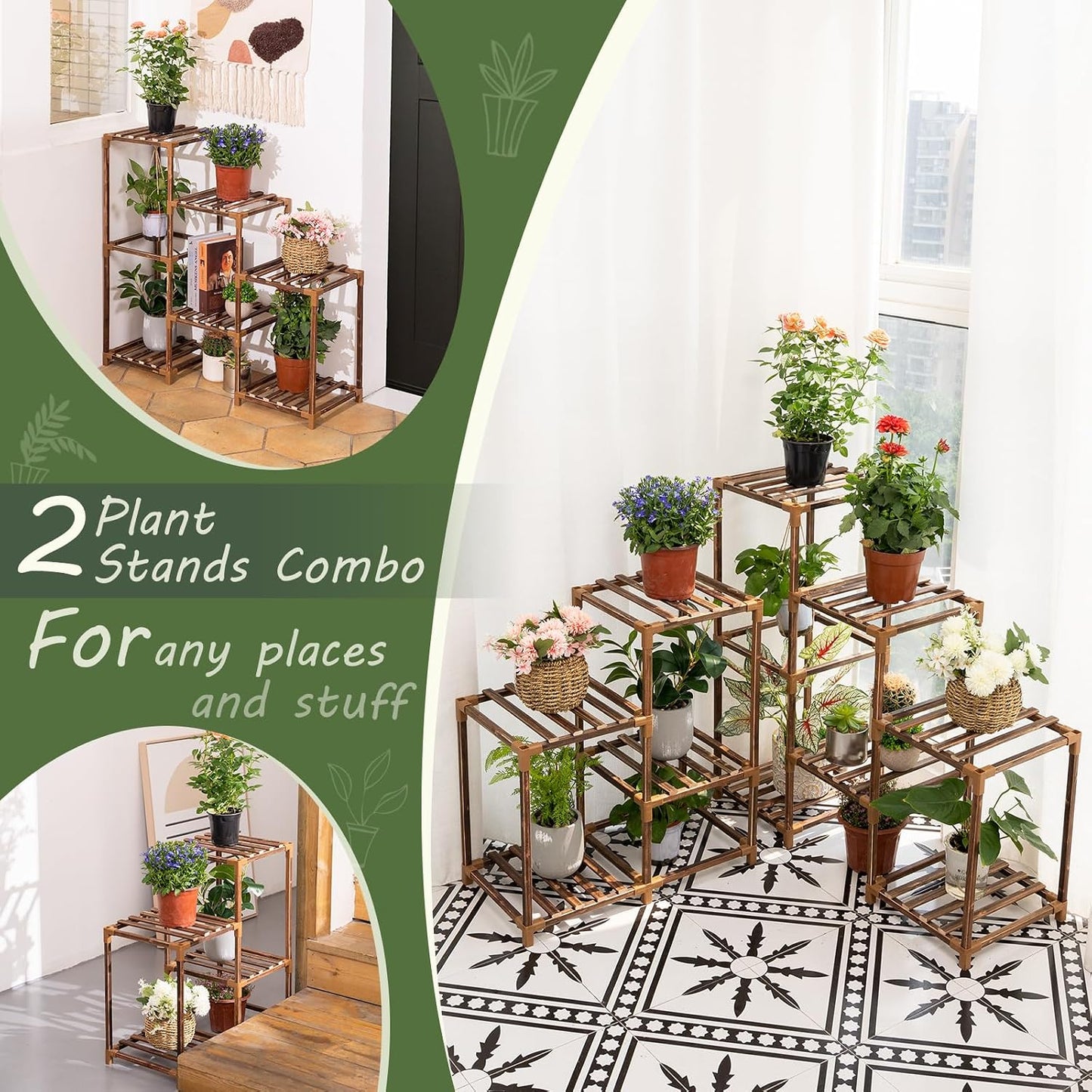Plant Stand Indoor Outdoor, 10 Tiered Plant Shelf Wood Plant Rack | Tall Plant Holder for Multiple Plants, Combination
