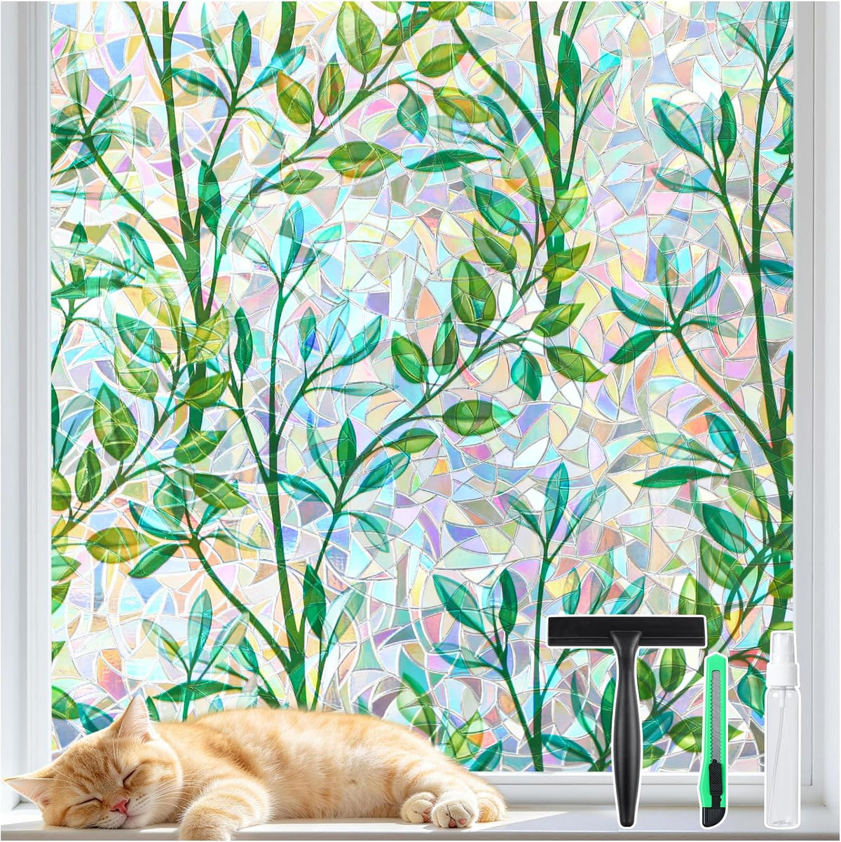rabbitgoo Stained Glass Window Privacy Film, Cosmos Floral, 23.6" x 78.5"