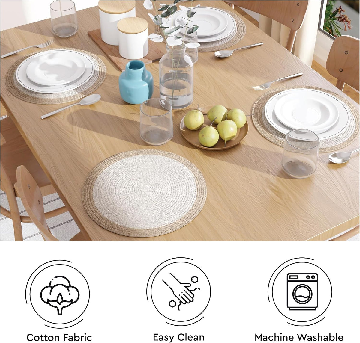 Encasa XO Placemats, Round Cotton Dining Table Mats 13" | Off White & Beige, Handcrafted Ribbed Texture | Heat