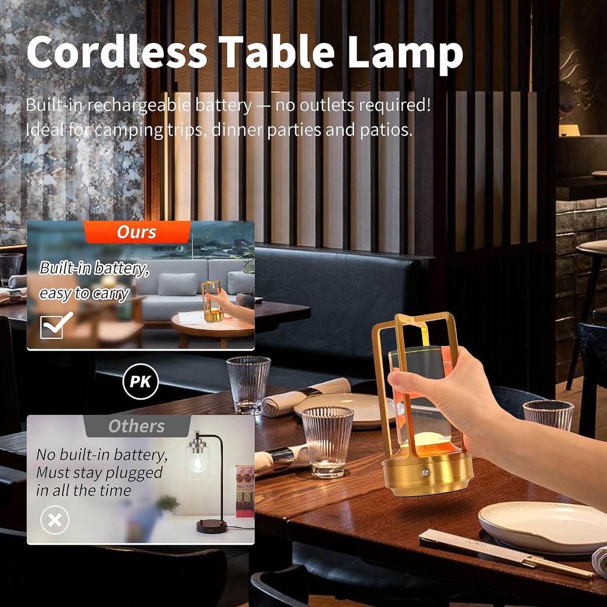 Crystal Lantern Light Outdoor Rechargeable Cordless Set of 2 Table Lamp, Touch Dimmable Battery Operated Table Light