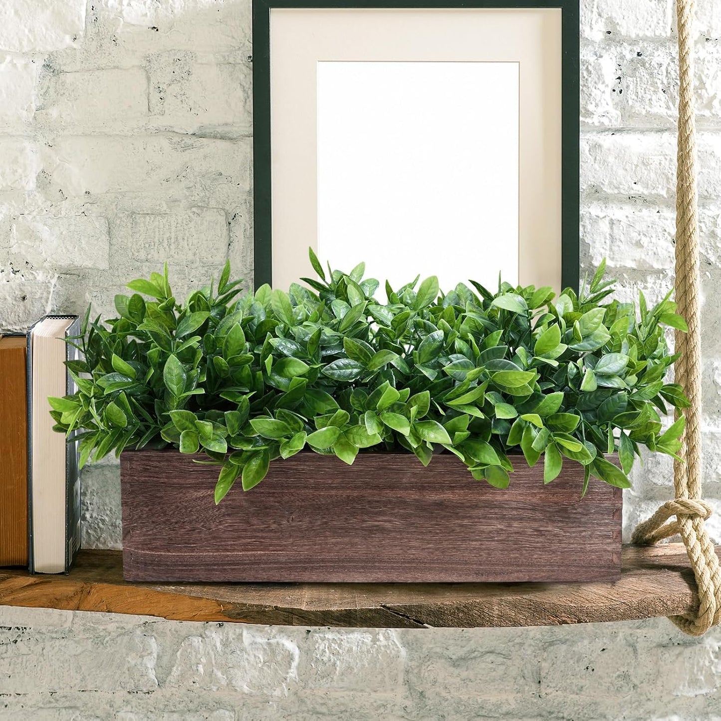 14" Artificial Boxwood Plants in Rectangular Wood Planter Farmhouse Greenery / Boxwood In Natural