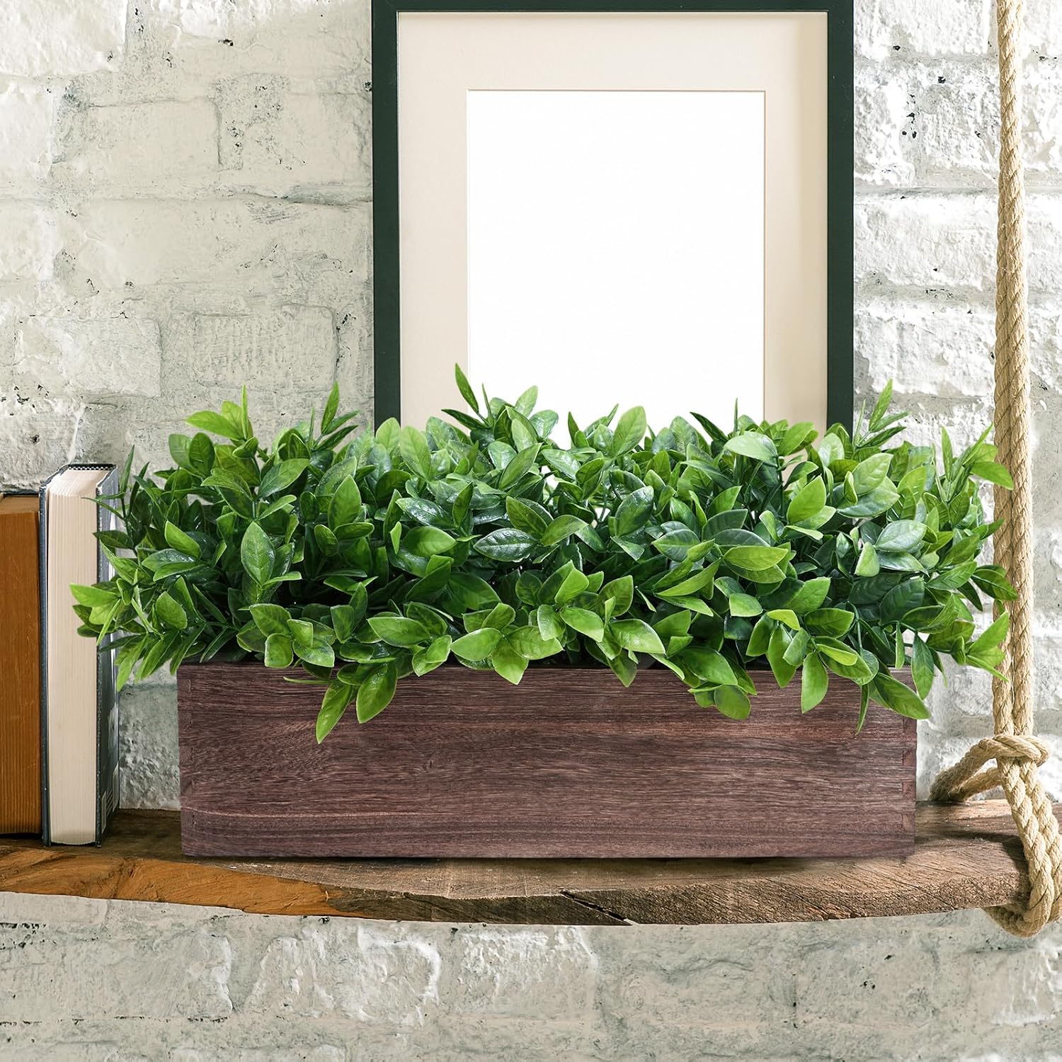 14" Artificial Boxwood Plants in Rectangular Wood Planter Farmhouse Greenery / Boxwood In Natural