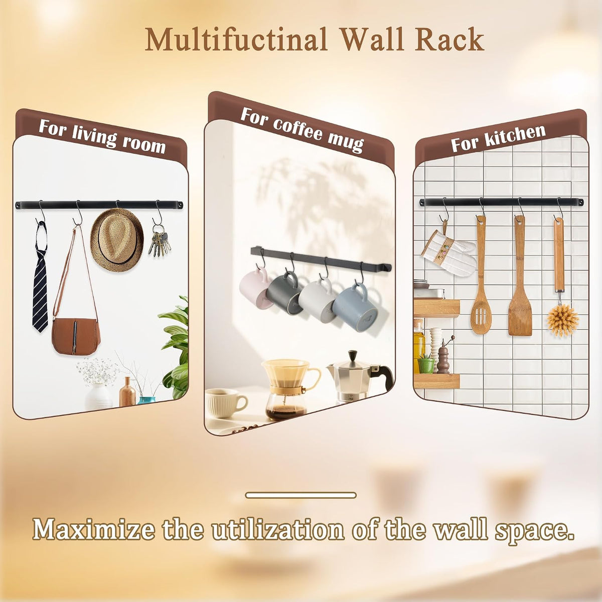 17 inch Coffee Mug Rack - 2 Pack wall mounted cup rack for Cafe Bar Decor | 12 Tea Cup Display, 5-Min Setup, Complete