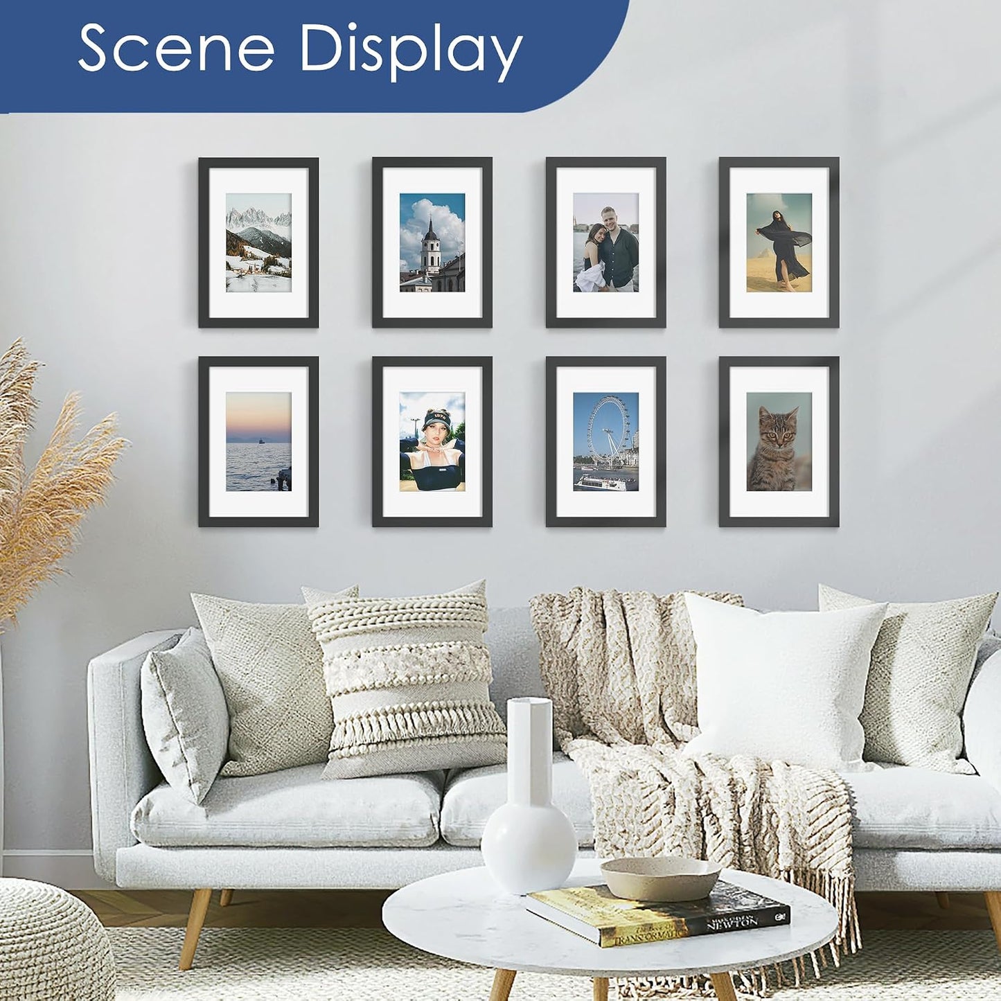 8x12 Picture Frame Set of 6, Wall or Tabletop Display, Black | Display 6x8 with Mat or 8x12 Without Mat, Horizontal or