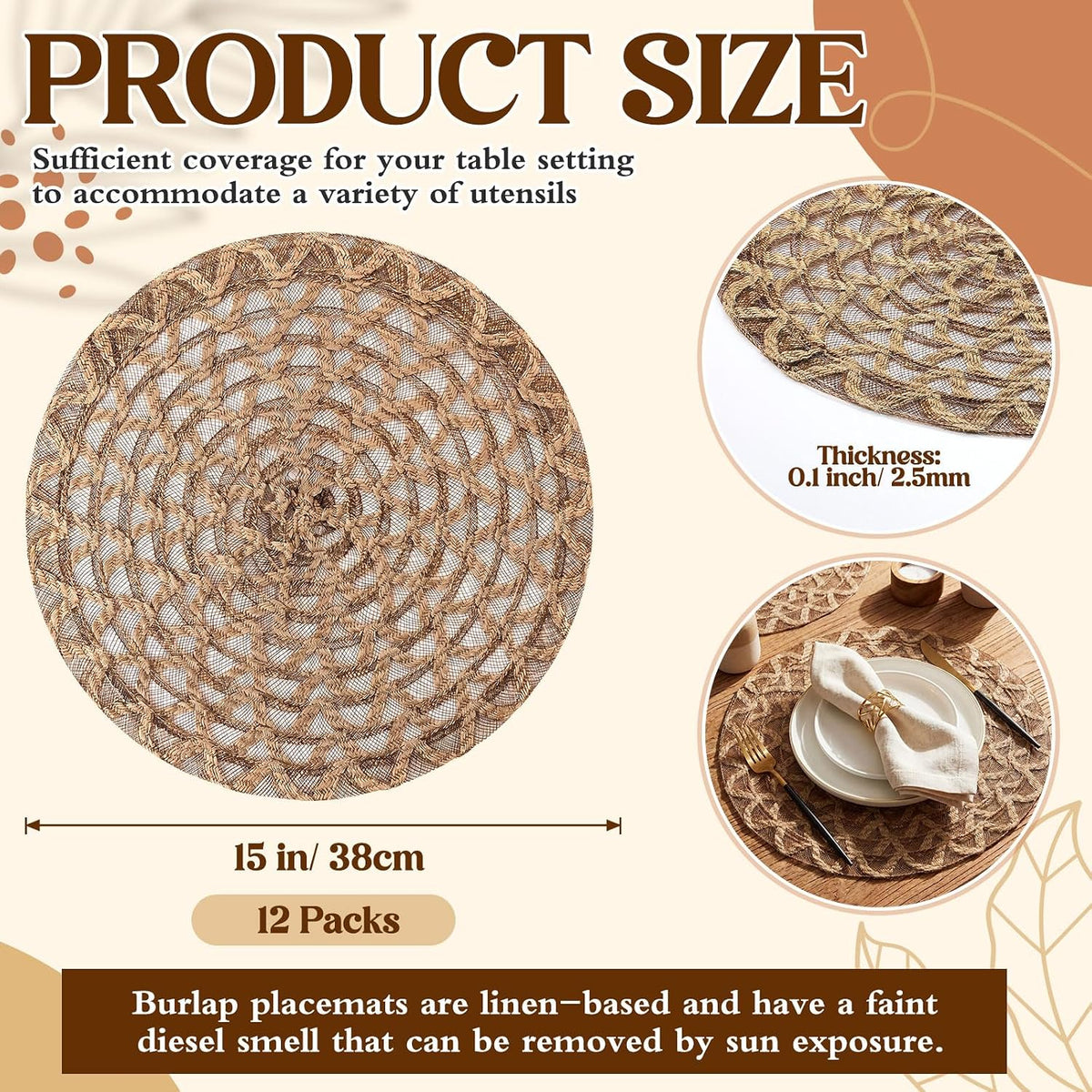 12 Pcs 15 Inch Round Burlap Placemat Boho Jute Woven Charger Bulk Rustic Vintage Natural Brown Heat Resistant Dining
