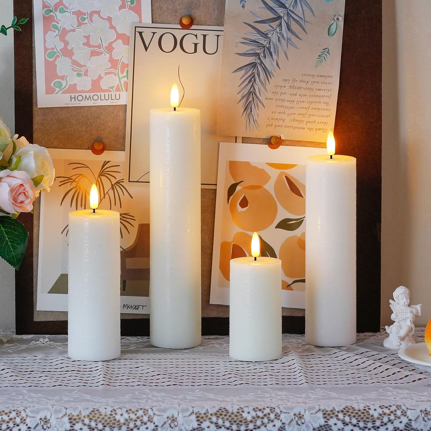 Flickering Flameless Pillar Candles with Remote Control and Cycle Timer,White Pack of 4 Battery Operated(Powered by