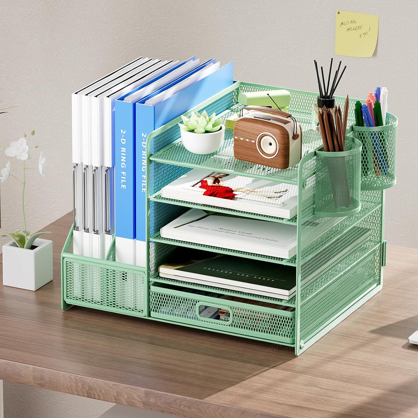 Marbrasse Desk Organizer with File Holder, 5-Tier Paper Letter Tray Organizer with Drawer and 2 Pen Holder, Mesh