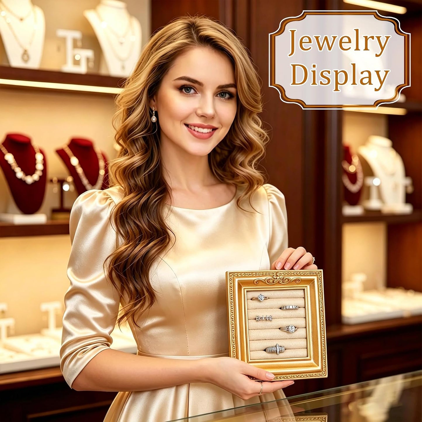 Vintage Ring Holder Rectangle Gold Velvet Display Stand / Mpf05-gold Beige
