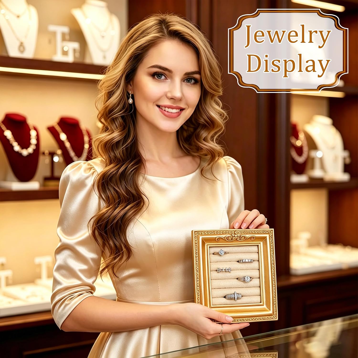 Vintage Ring Holder Rectangle Gold Velvet Display Stand / Mpf05-gold Beige