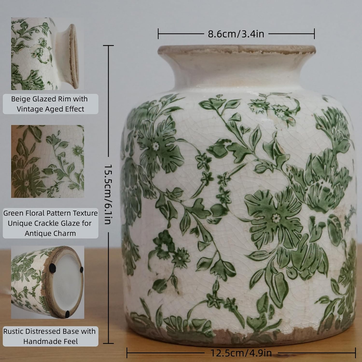Vintage Crackle Glaze Ceramic Flower Vase / Small Vintage Round Floral Vase / Green
