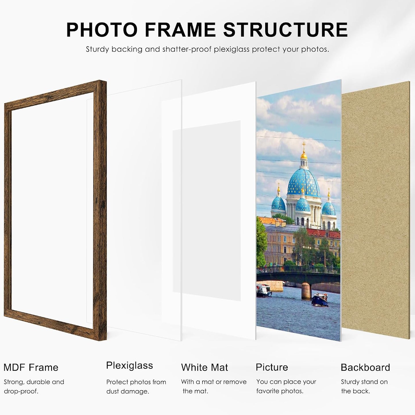 11x14 Picture Frame Set of 6, Wall or Tabletop Display, Rustic Brown | Display Pictures 8x10 with Mat or 11x14 without