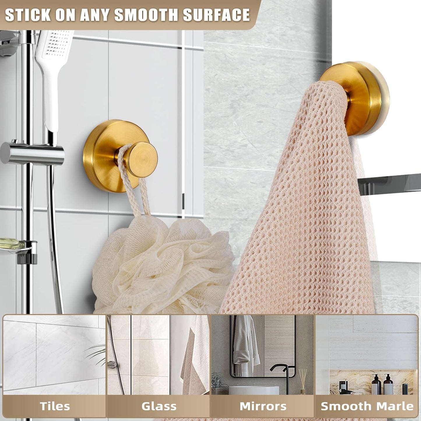 Suction Cup Hooks for Shower No-Drill Bathroom Hooks for Towels / Brushed Gold / Set of 2