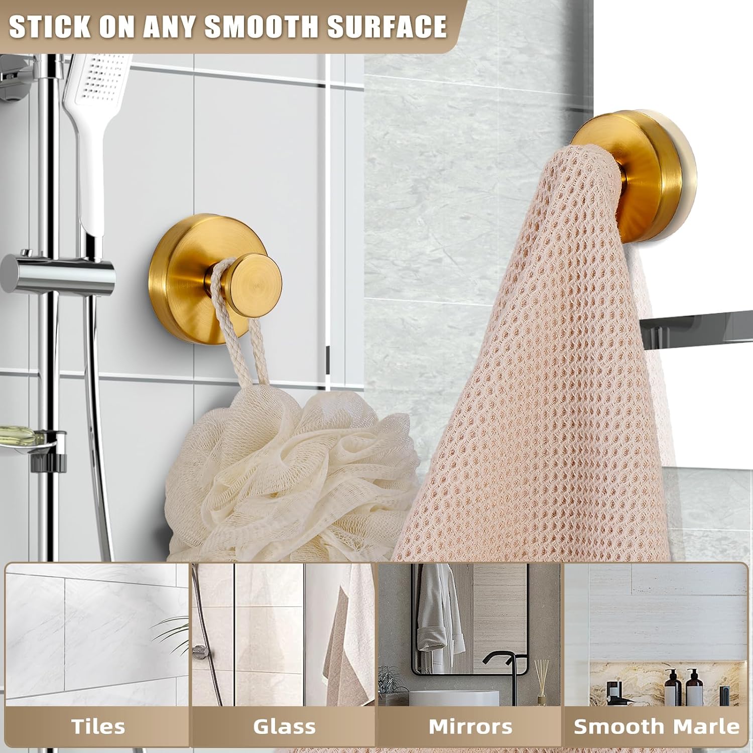 Suction Cup Hooks for Shower No-Drill Bathroom Hooks for Towels / Brushed Gold / Set of 2