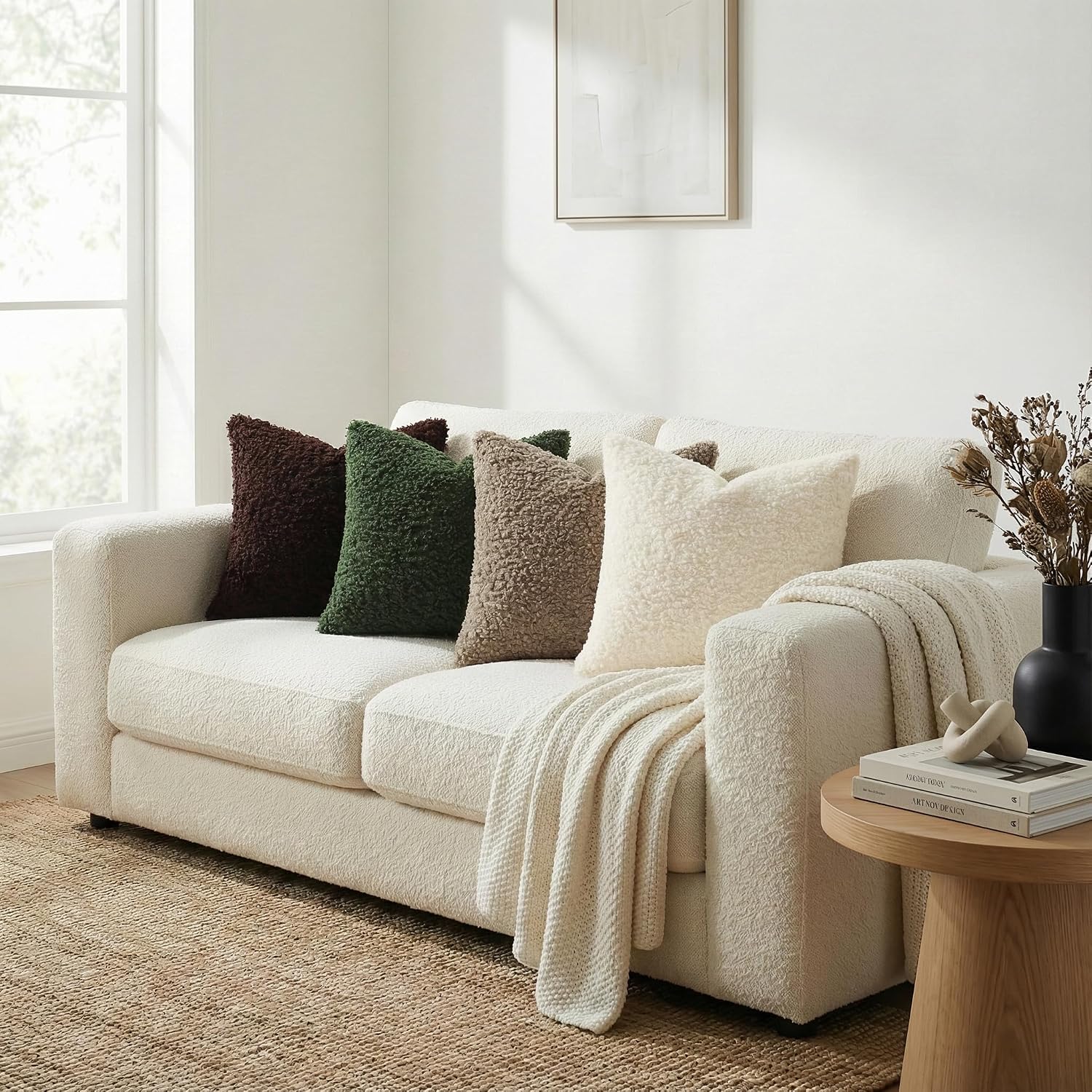 Faux Fur Decorative Sherpa Pillow Covers Fuzzy Accent Soft / Khaki / 18 x 18 / Set of 2