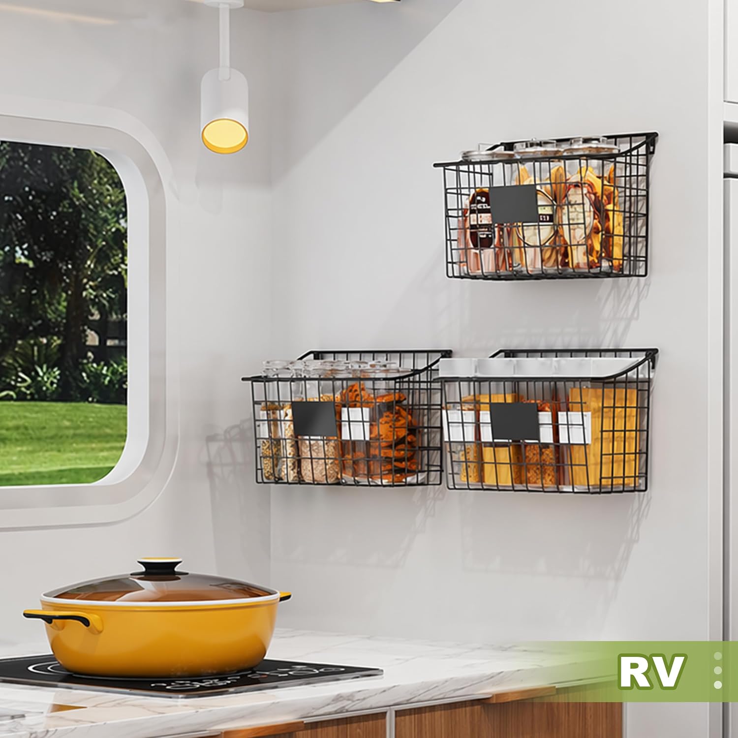 Wall Mounted Bin Basket with 5 Hooks 3 Label Plate Adhesive-3 Pack, Cabinet Hanging Metal Wire Basket,Rustic Farmhouse