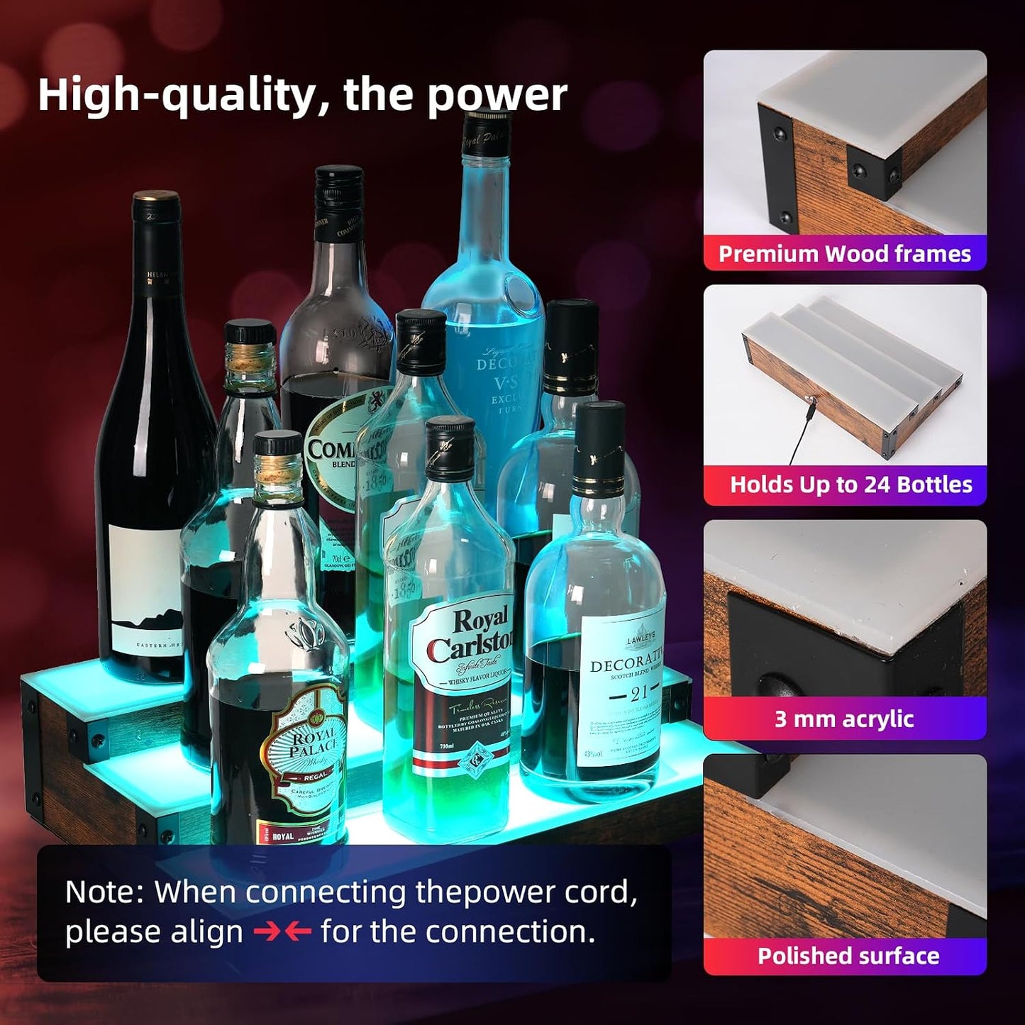 2-Pack 16‘’ LED Lighted Liquor Display, 3-Tier 32Inch Total Bar Shelves for Liquor Bottle, Illuminated Home Bar Shelf