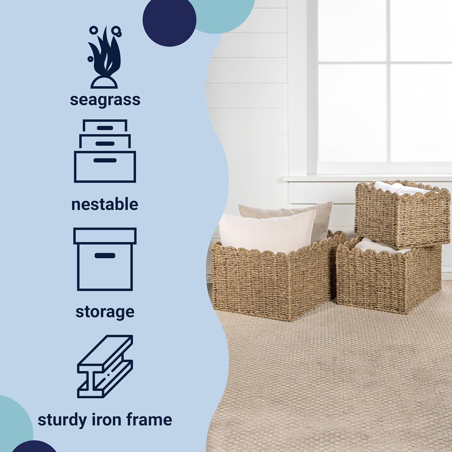 BSK2013A- Arden Coastal Cottage Seagrass Scalloped Rectangular Organizing / Natural / Set of 3