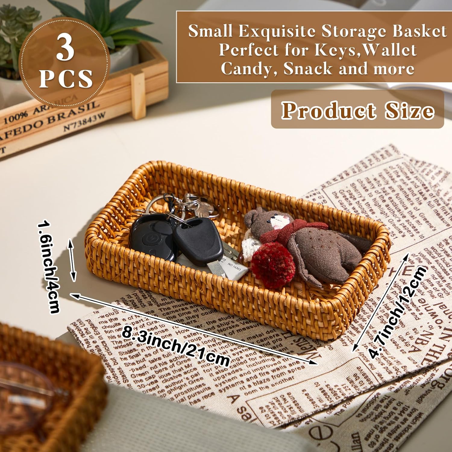 Small Rectangular Keys Basket for Entryway Table " Rattan Serving / Natural / 8.3 x 4.7 / Set of 3
