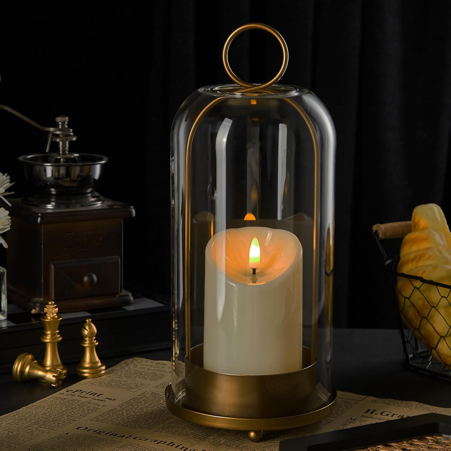 5"&4" Metal Candle Holder with Handmade Glass Dome in Brass & 2 Timer Candles, Set of 2 Versatile Hurricane Glass