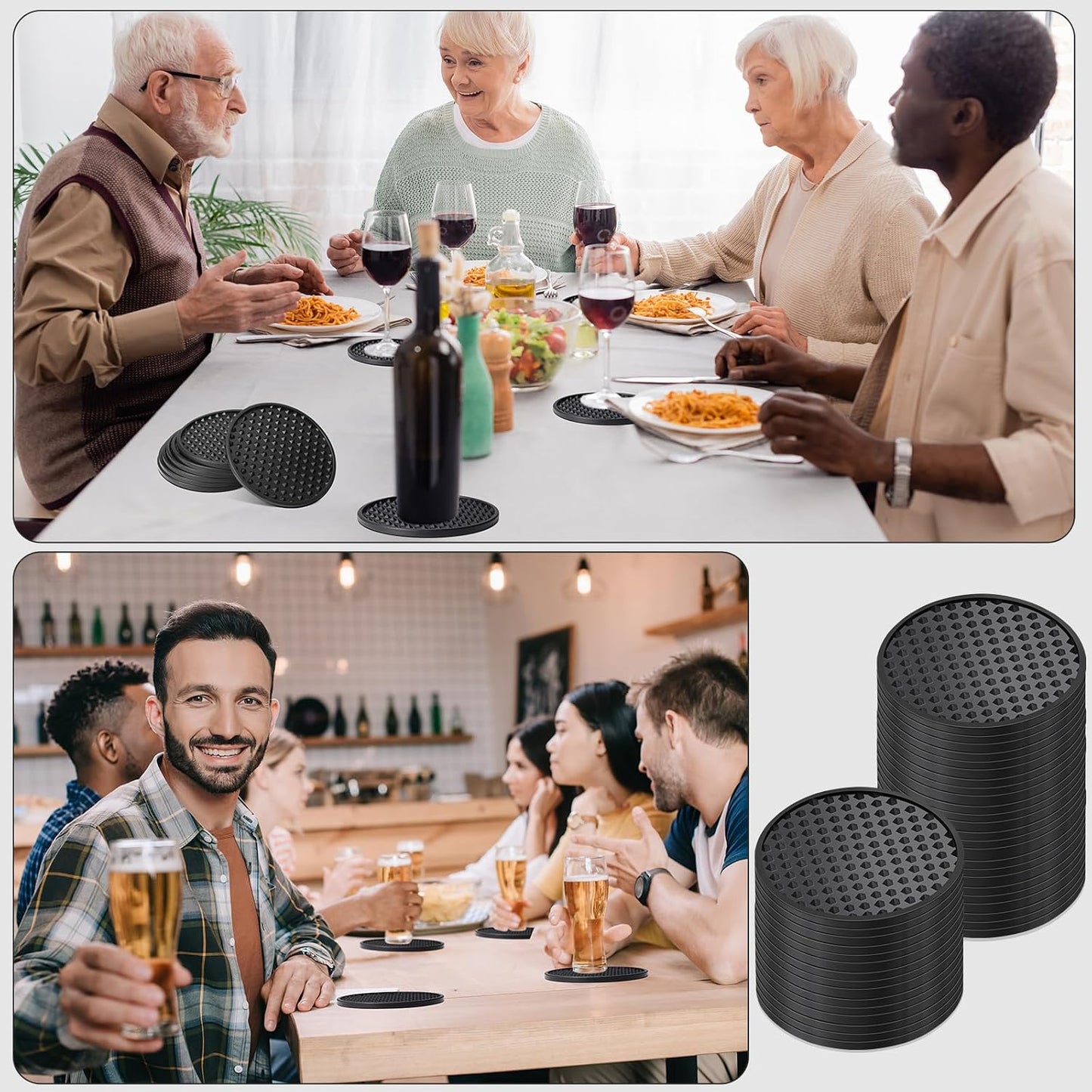 Silicone Coasters for Drinks Nonslip Silicone Drink Coasters Cold Hot Heat / Black / Set of 60