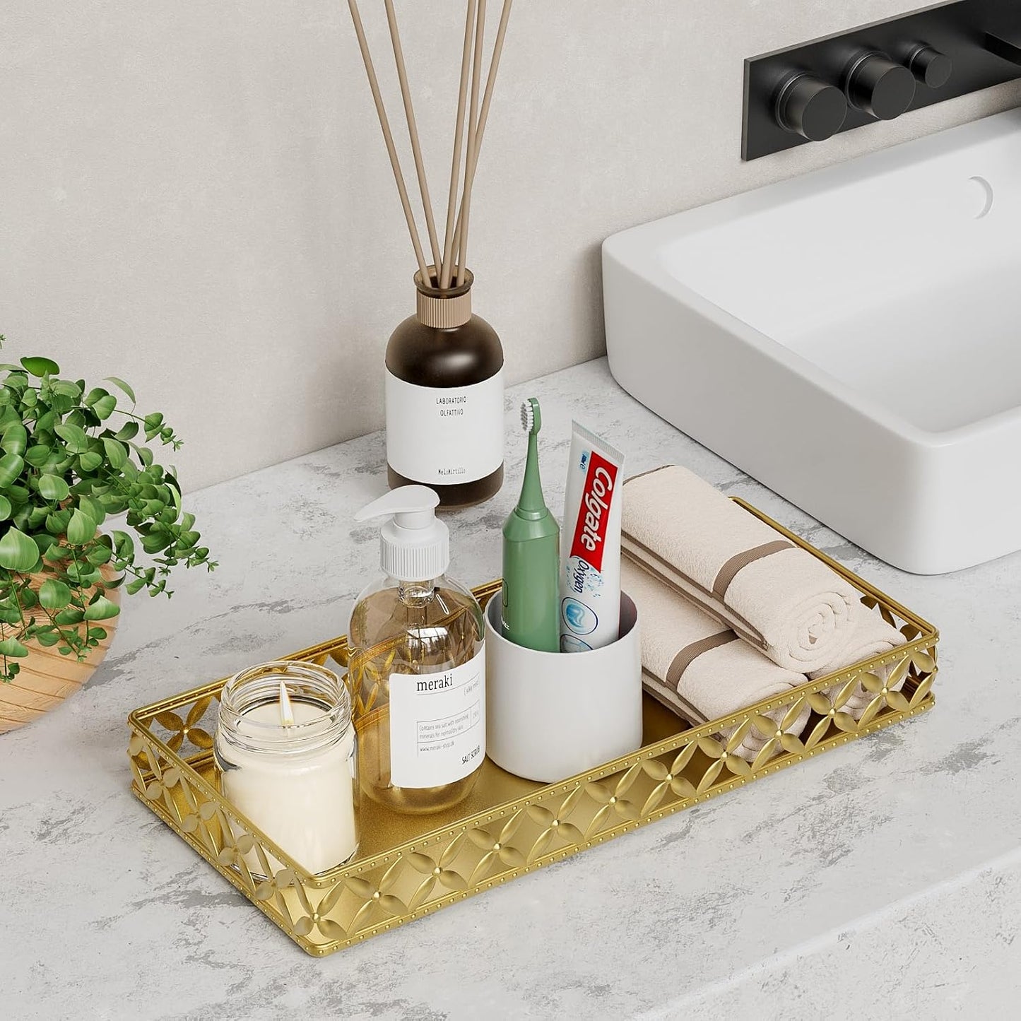 Bathroom Vanity Tray for Counter Organizer / Rectangle Floral-gold / 11 Inch