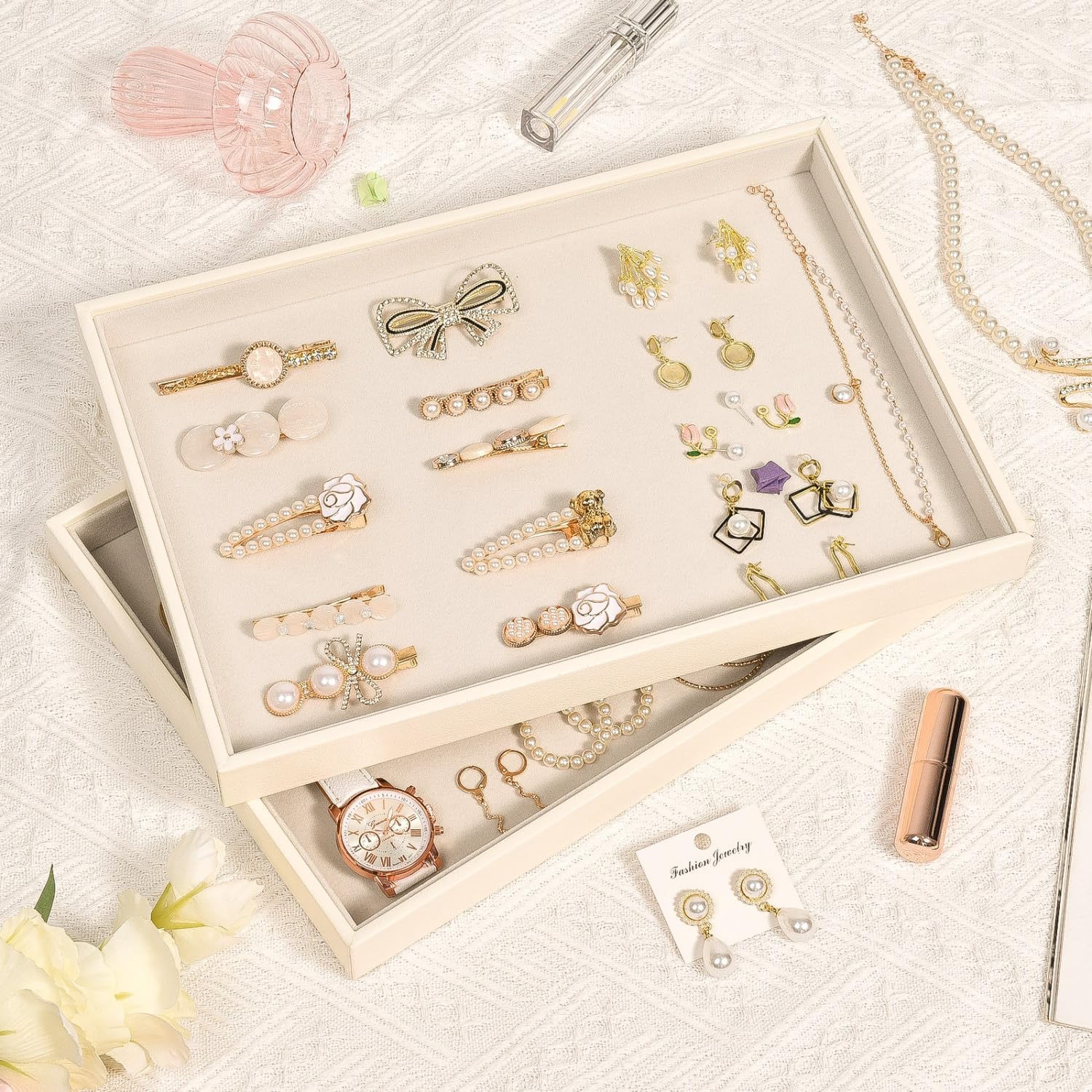 Velvet Jewelry Tray for Drawers Jewelrys Display Tray Stackable Jewelry Organizer Trays / Beige