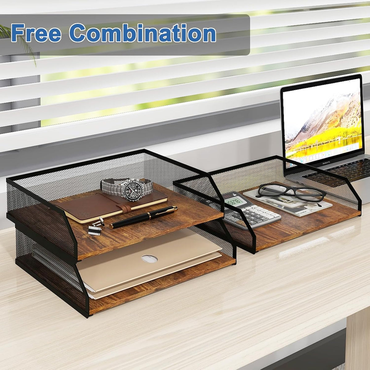 Natwind 3-Tier Stackable Metal Mesh Paper Organizer with Sliding Tray,Retro | Wooden Desk Organizer, Letter Tray For