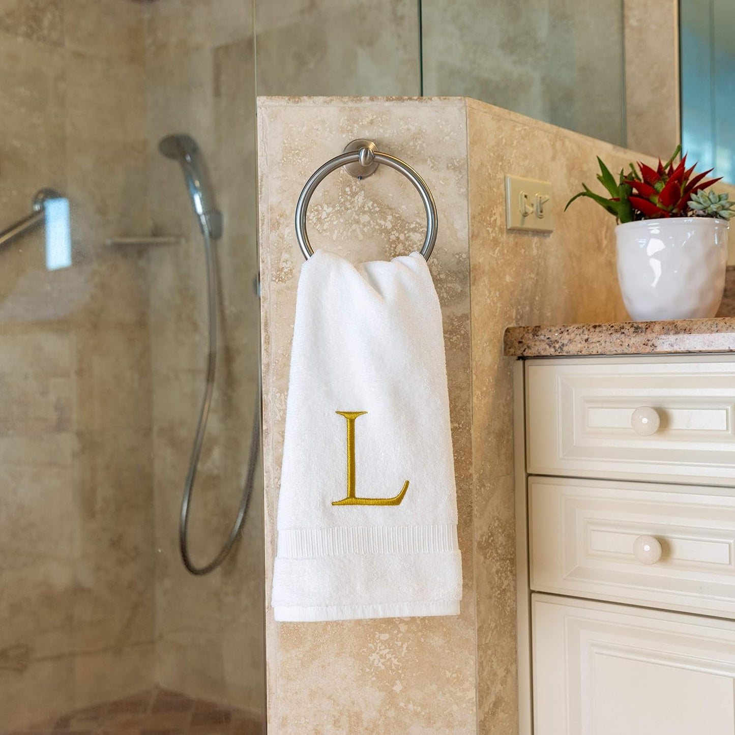White with Gold Monogrammed Hand Towels for Bathroom - Set of 2 Letter L | Luxury Hotel Quality Initial Towels For