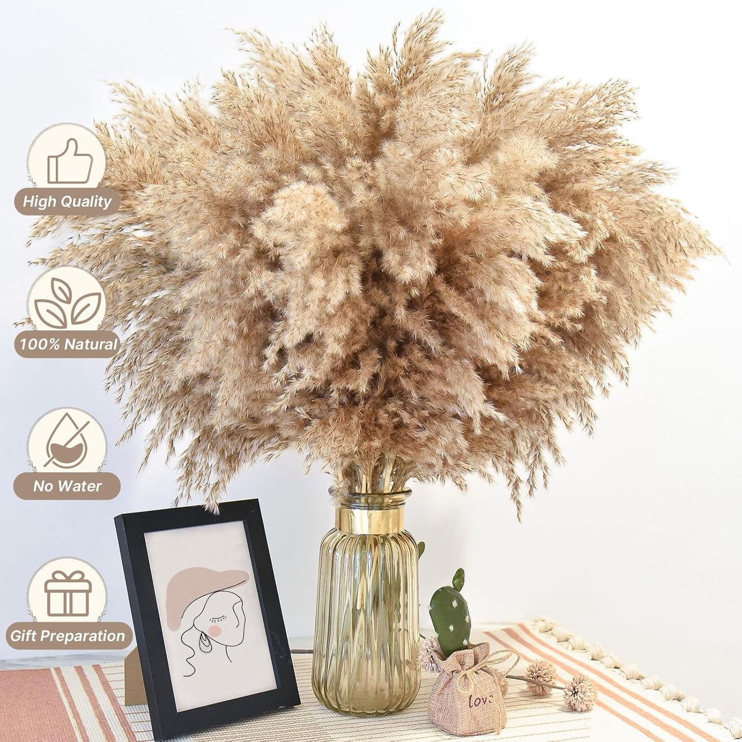Short Fluffy Pampas Grass Bulk for Small Boho / 17inch -brown / Set of 22