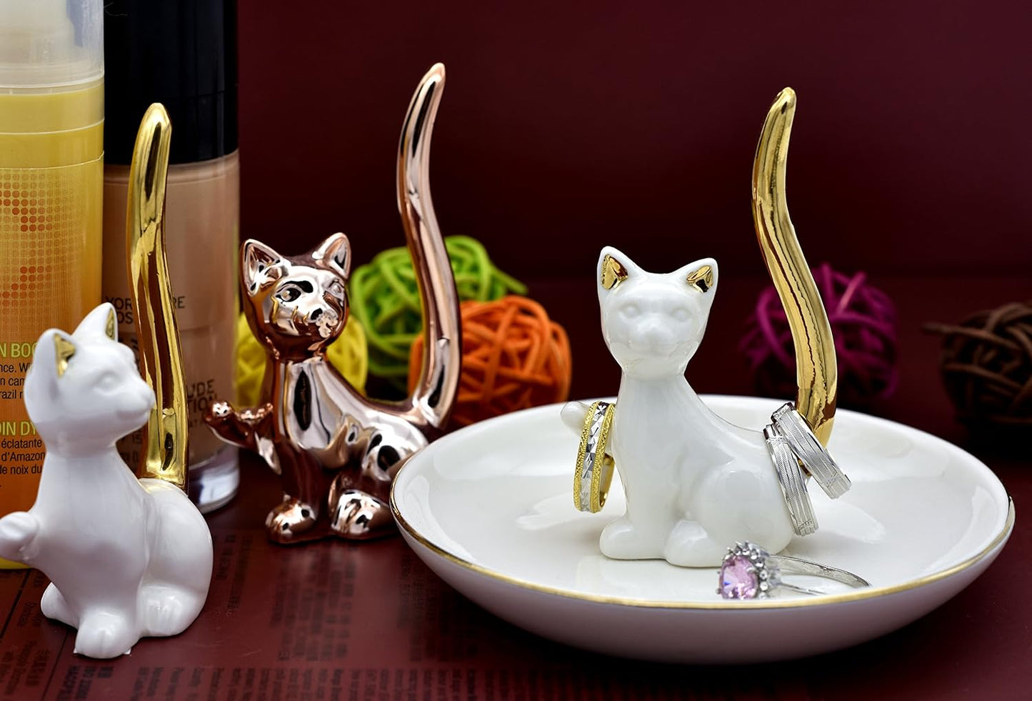 Love Cat Posture Ring Holder Jewelry Storage Dish Trinket Tray / One Size / White Cat Golden Tail