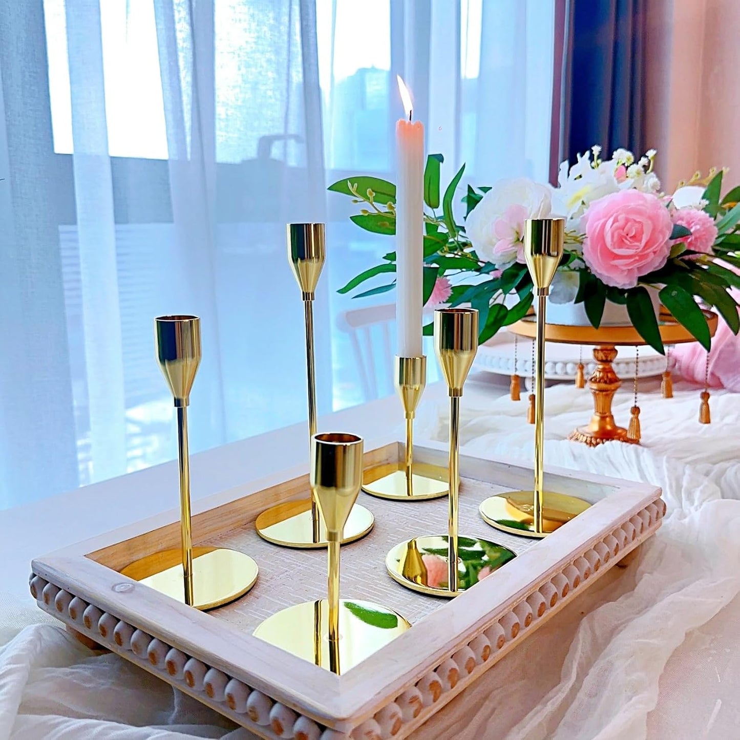 Gold Candlestick Holders, Metal Taper Candle Holders, Set of 6 | Elegant gold candle stands, 3 heights, for wedding