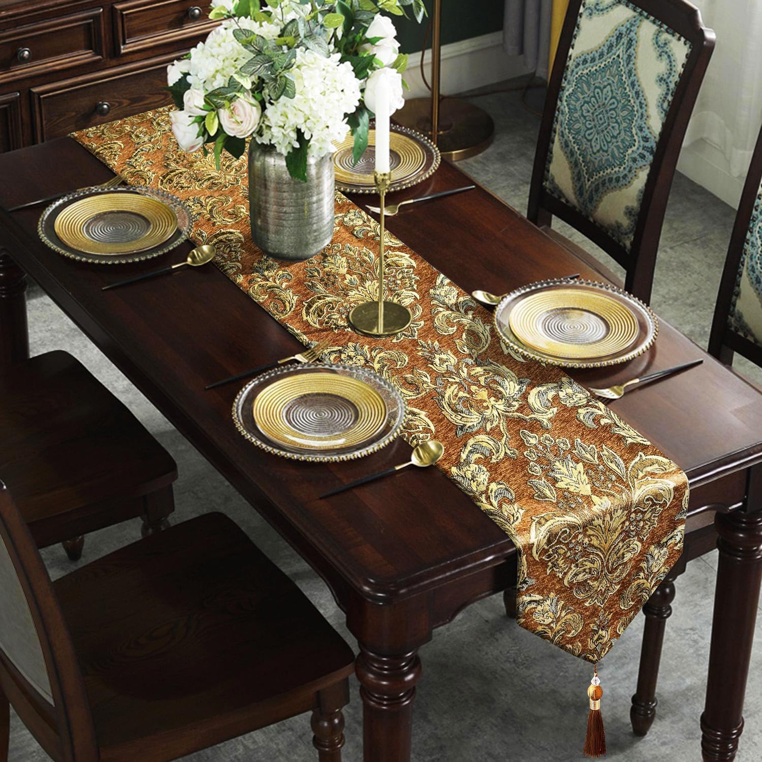 Deluxe Embroidered Table Runner 84" Caramel Retro Chenille Jacquard Cloths | with Bling Gold Embroidered,Decoration for
