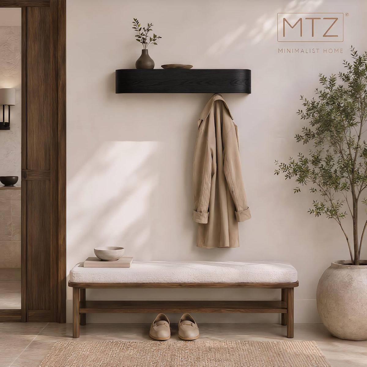 MTZ Solid Wood Wall Mounted Coat Rack with Shelf & 5 Hidden Hooks (Black) | Minimalist entryway wall hook rack for