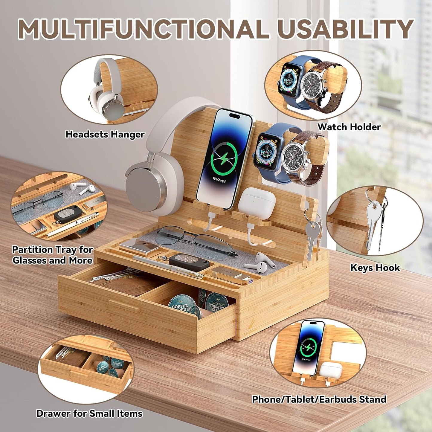 Pezin&Hulin Docking Station with Drawer, Nightstand Organizer (Nature) | Desk Organizer for Phones, Watch, Keys