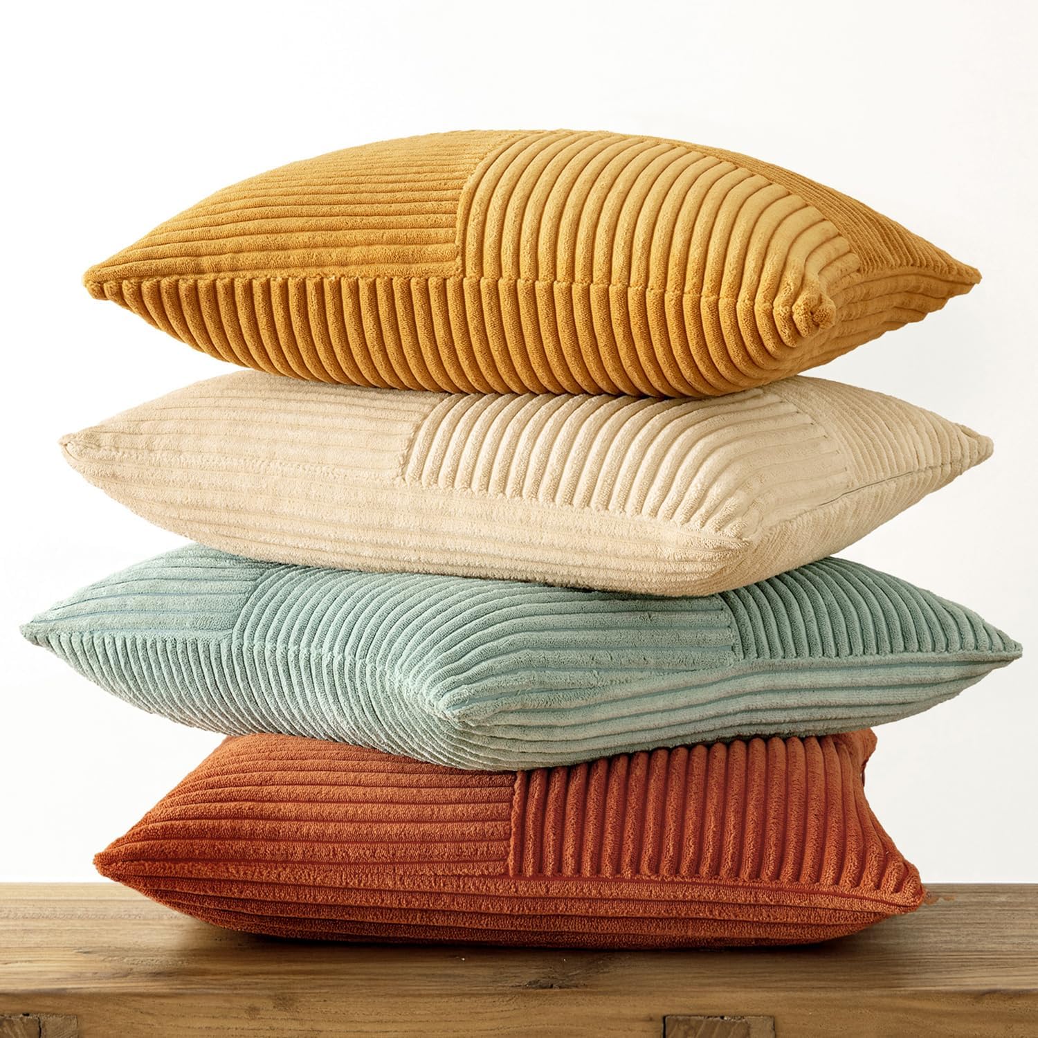 Decorative Throw Pillow Covers Boho Corduroy Striped Cushion / 18 x 18 / Teal Orange / Set of 4