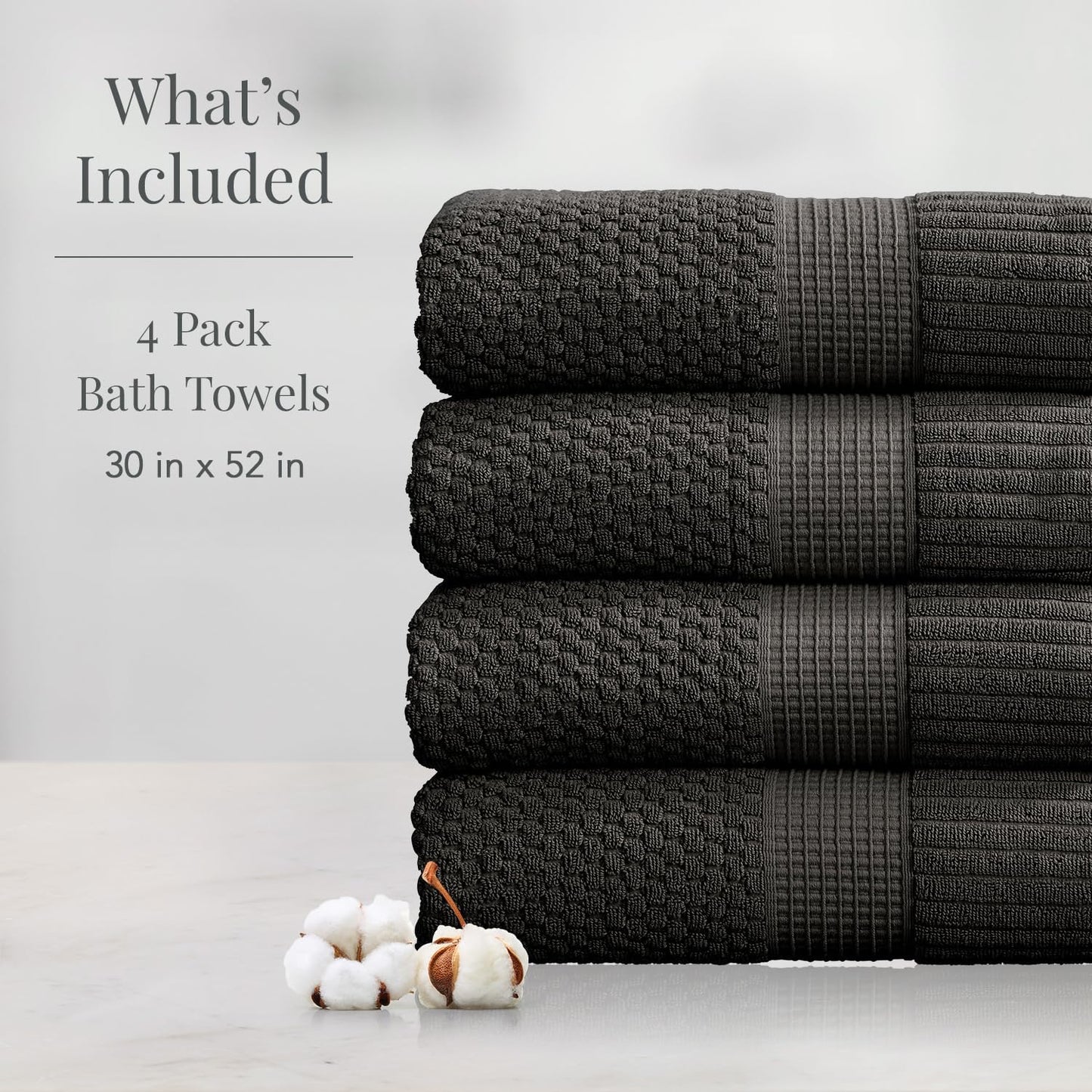 NY Loft 100% Cotton 4 Pack Bath Towels, 30" x 52", Dark Grey, Quick-Dry, Absorbent, OEKO-TEX Certified, Machine