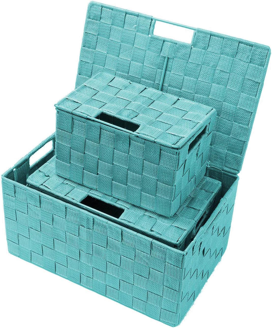 Hand-Woven Storage Baskets / Lid Bins / Aqua / Set of 3