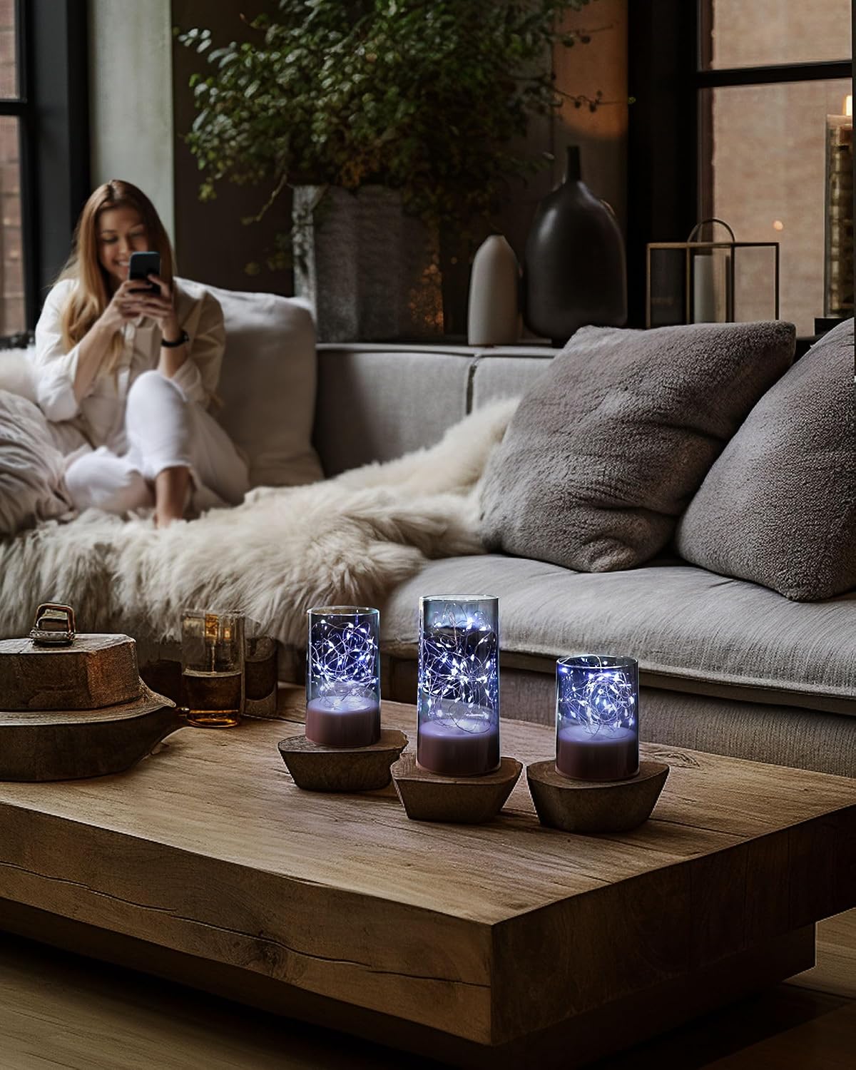 Homemory Flickering Flameless Candles with Remote, Embedded String Lights in Acylinder Vase, Battery Operated Fake