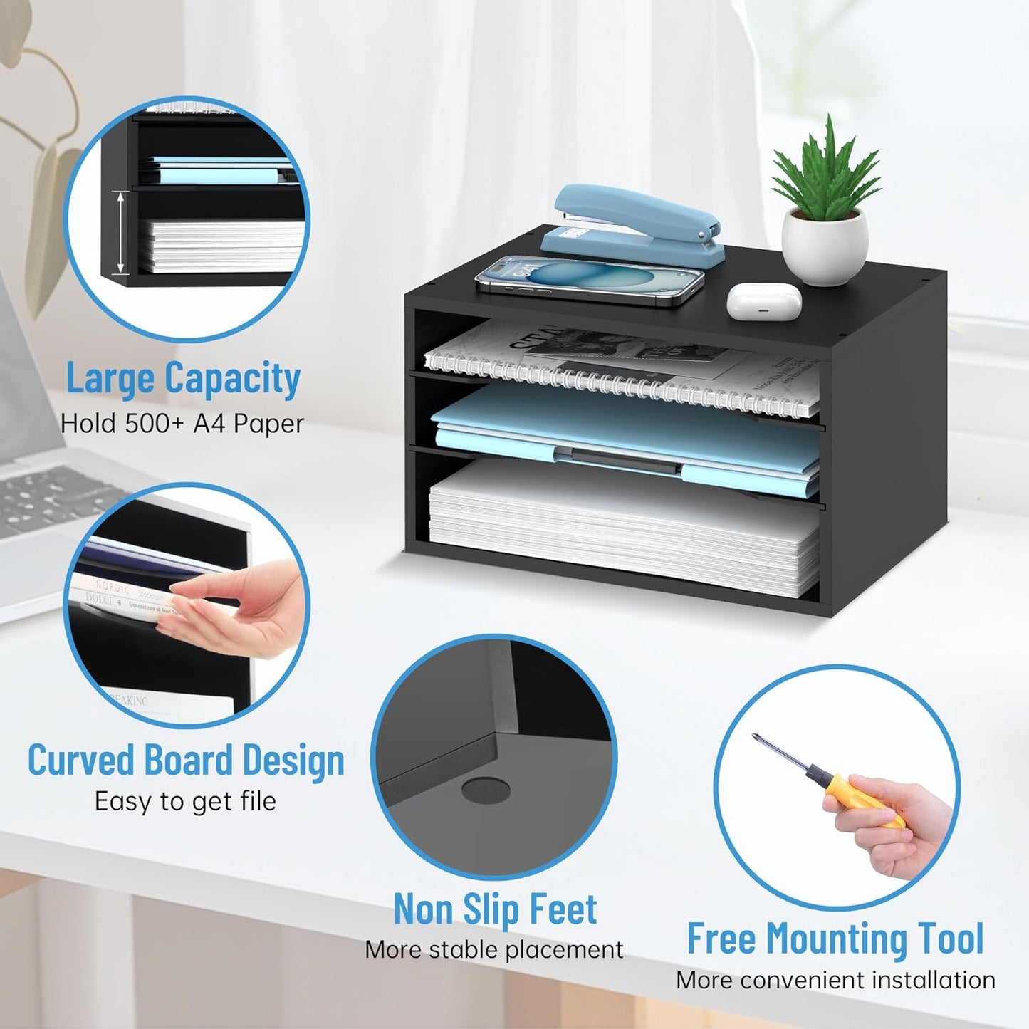 3-Tier Paper Organizer for Desk, Adjustable Mail Organizer, Black | 3-Tier Paper Organizer and Mail Organizer for Desk