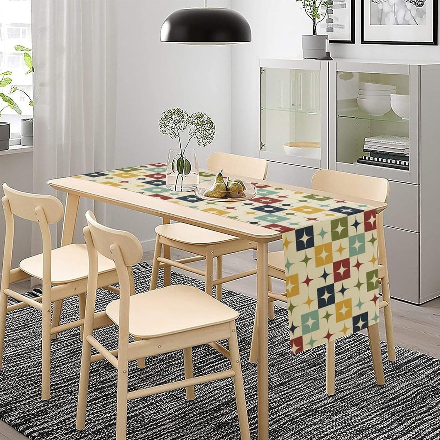 Mid Century Kitchen Table Runner,Abstract Aesthetic Geometric Mid Century Retro Modern Patterns Printed Linen Table