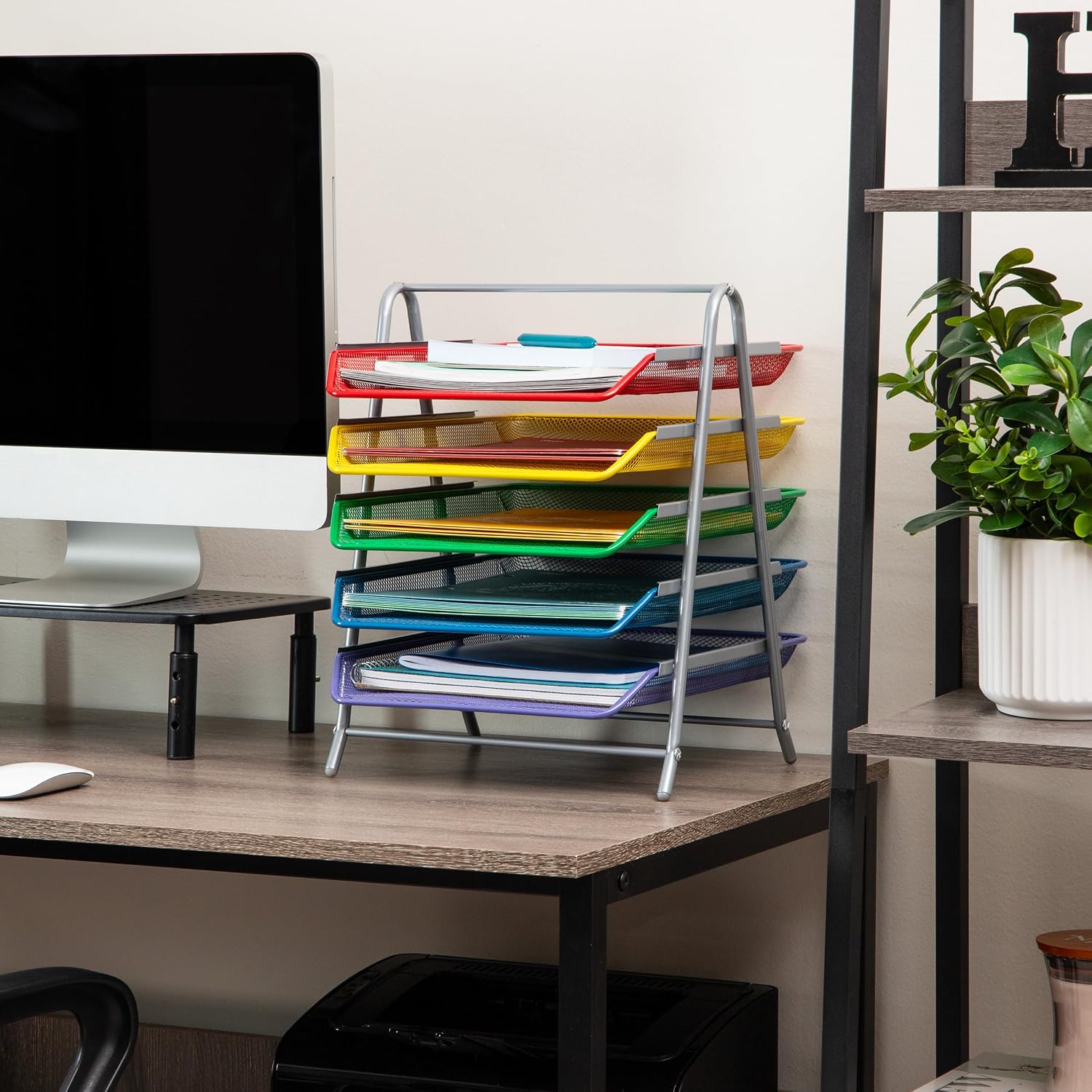 Mind Reader 5-Tier Paper Tray Organizer with Multicolor Trays, Classroom File Organizer for Teachers, Metal Mesh