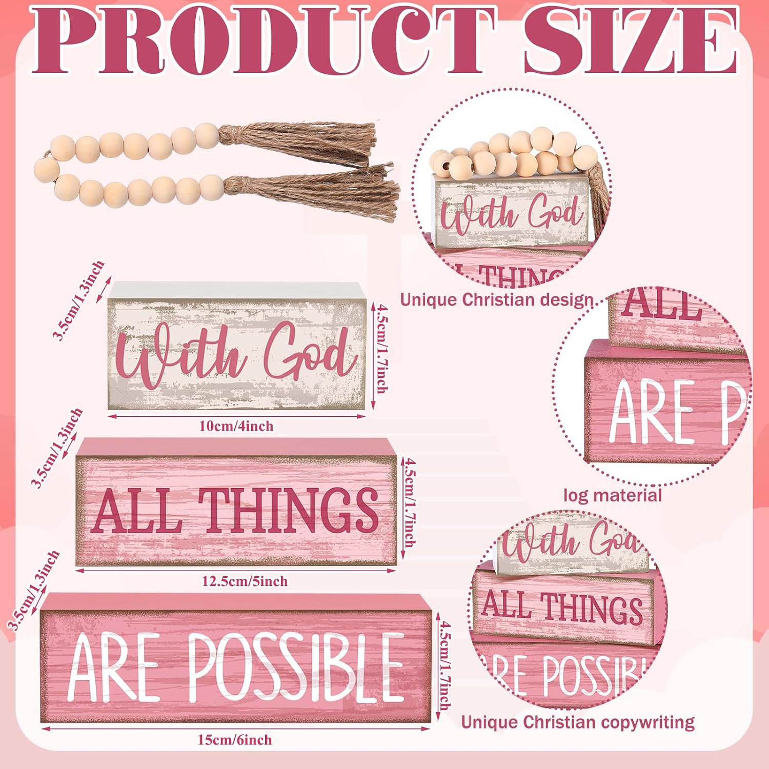 Christian Table Decor Rustic Wooden Block Sign / with God All Things Are Possible / Pink / Set of 4