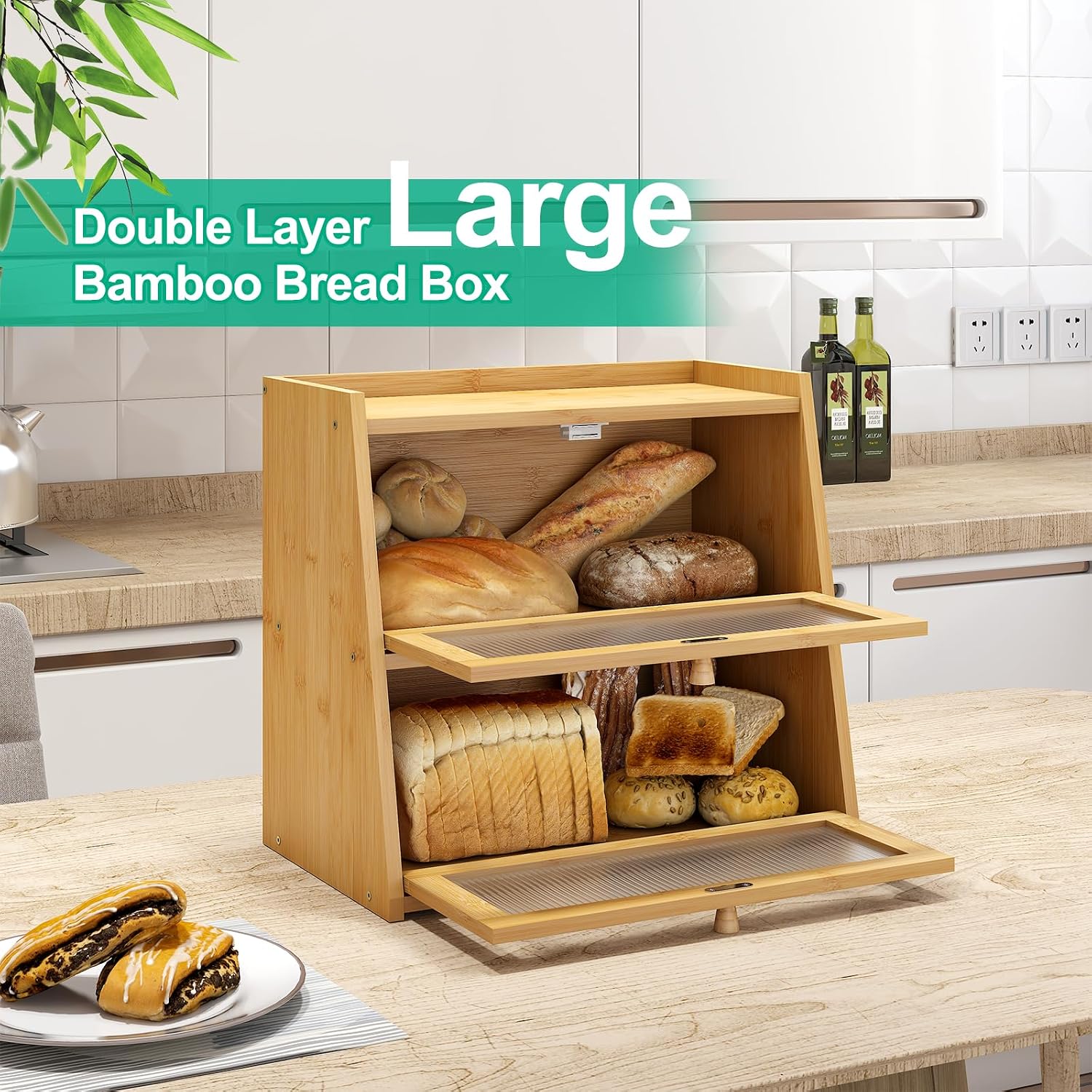 kiplant 2-Tier Bamboo Bread Box, Double Layer Bread Box for Kitchen Counter, Large Bamboo Bread Storage Container with