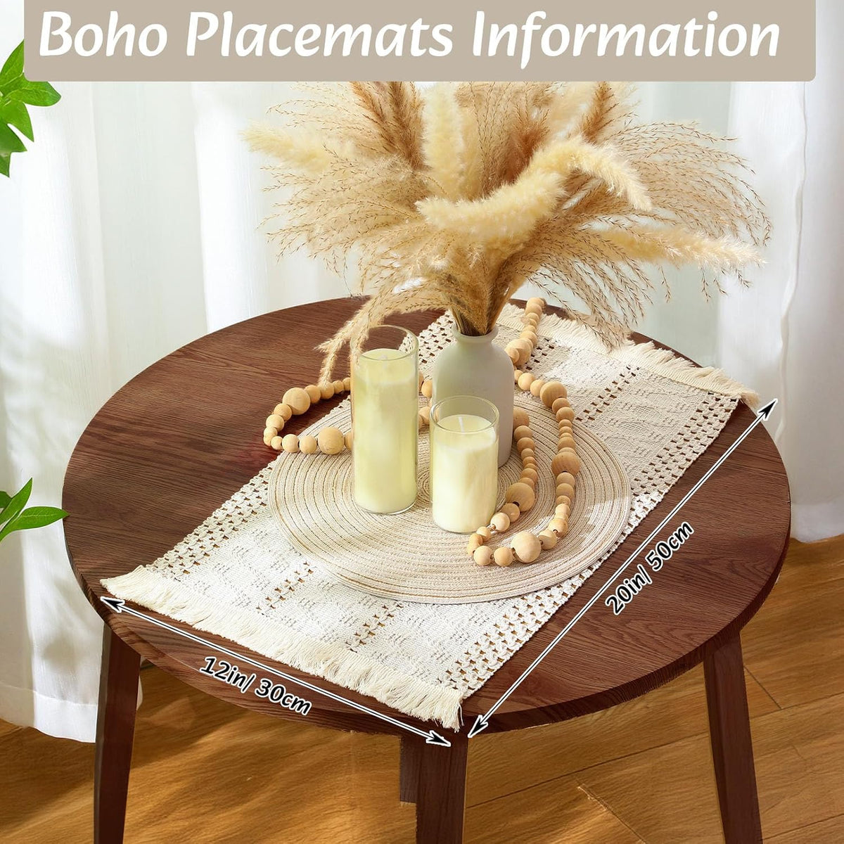 Boho Placemats 4/6/8 Set of Round Woven Placemat Macrame Style Bicolor Stitching Long Table Runner Farmhouse Rustic