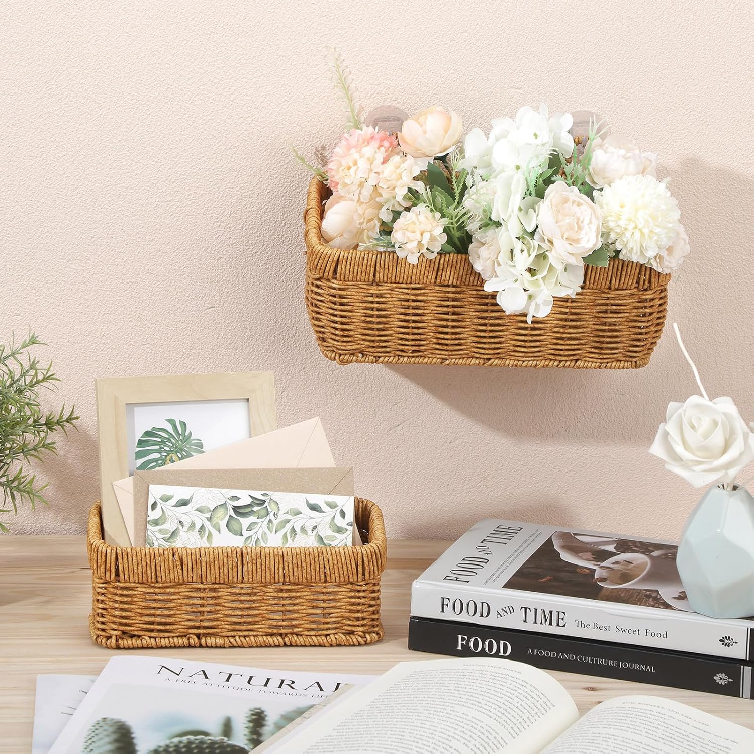 Woven Hanging Wall Baskets for Storage / Boho / Light Brown / Imitation Rattan Plastic / Set of 2