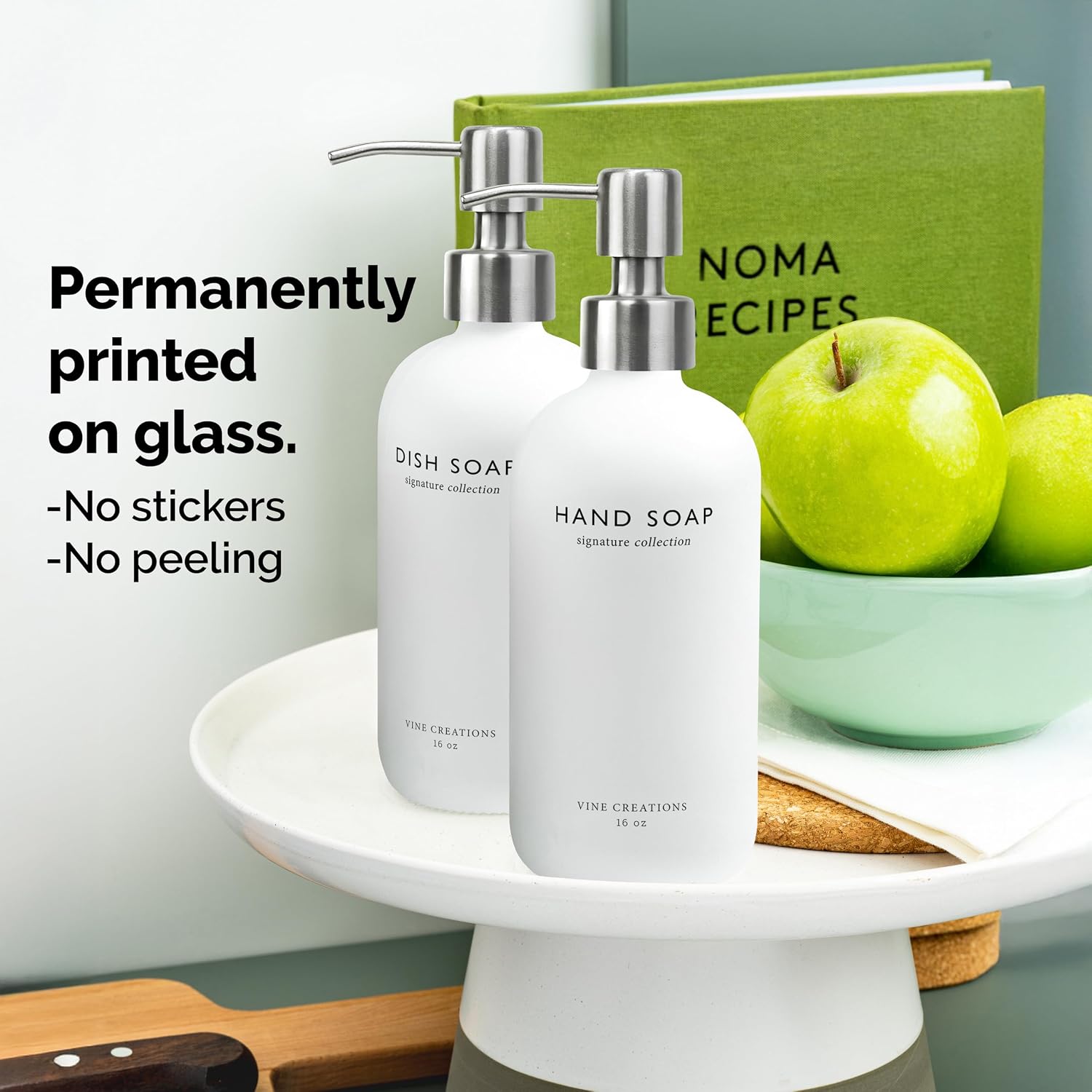 Vine Creations White Glass Soap Dispenser Set, Dish Soap and Hand Soap Dispenser Set with Stainless Steel Pump, 16 oz