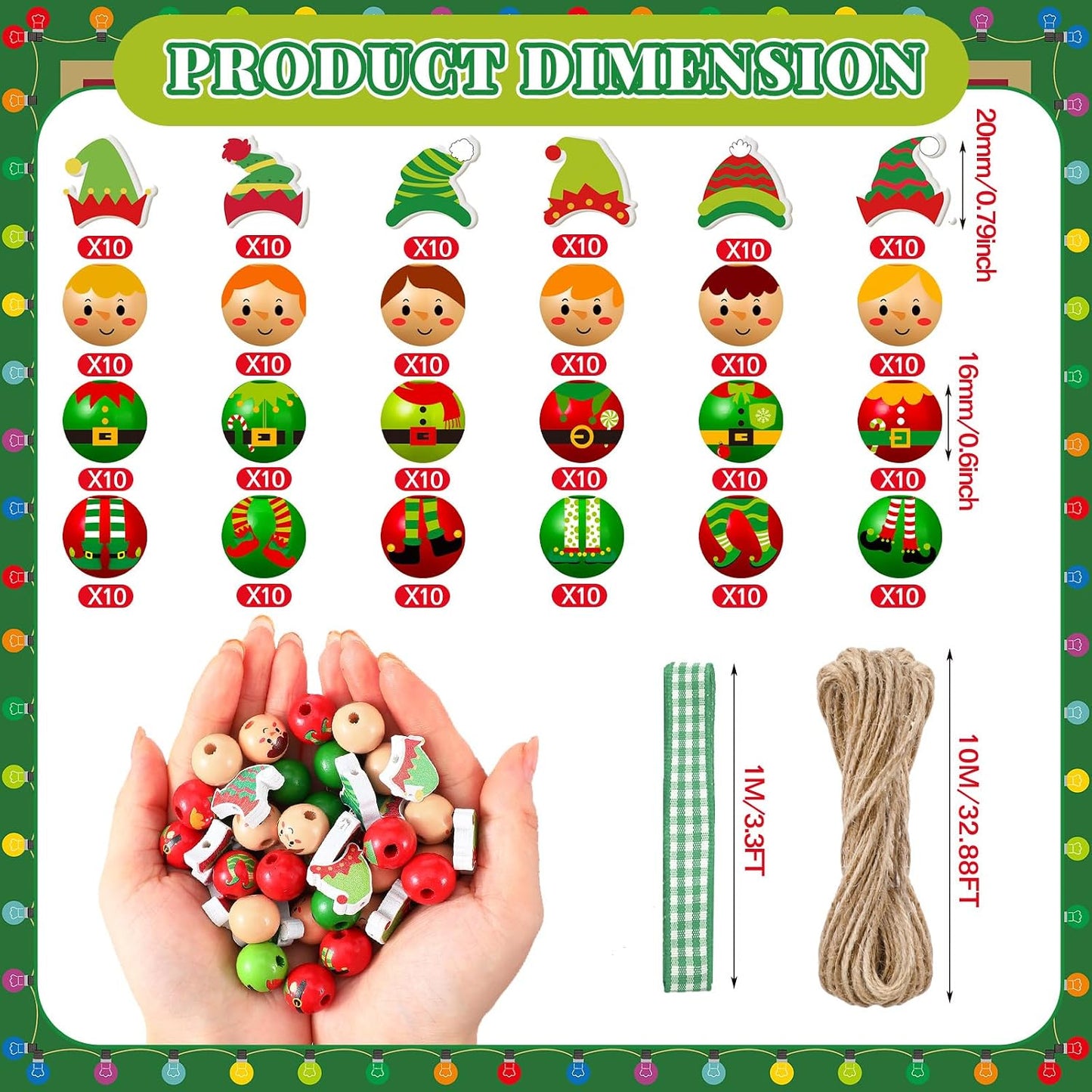 Twine Snowman Gingerbread Man Nutcracker Wooden Bead Garland / Elf / Set of 240
